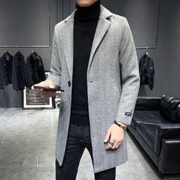 Korean Mens Wool Trench Coat Jacket Autumn Winter Long Slim Fit Casual Business Windbreaker High Quality Overcoat Men Clothing 210527
