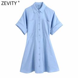 ZEVITY Women Fashion Pocket Patch Solid Colour Casual Slim Shirt Dress Office Lady Elastic Waist Breasted Business Vestido DS8324 210603