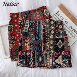 HELIAR Women Boho Skirt Embroidery A-Line Mini Skirts Chic Geometry Pattern Woolen Wide Leg Vintage Bohemian Folk 210629