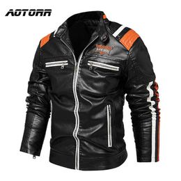 Vintage Motorcycle Jacket Men Leather Jacket Embroidery Bomber Coat Winter Fleece Pu Overcoat Man Stand Collar Thick Windbreaker 211018