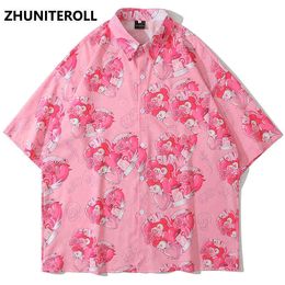 Cartoon Heart Bear Print Summer Harajuku Hawaiian Blouse Hip Hop Streetwear Short Sleeve Vintage Shirts Fashion Casual Men Tops G0105