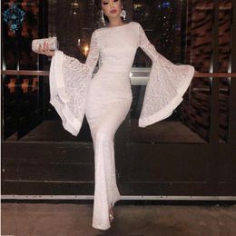 Evening Dresses Ameision Women Ivory Lace Mermaid 2021 Gown Long Scoop Full-Sleeve Floor Length Lady Bodycon Party Dress