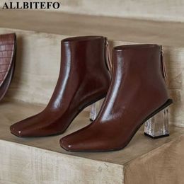 ALLBITEFO crystal heel genuine leather square toe brand high heels women boots thick heels office ladies shoes ankle boots 210611