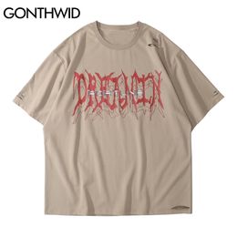 GONTHWID Tees Tops Hip Hop Streetwear Ripped Destroyed Holes Letter Print Short Sleeve T-Shirts Casual Harajuku Loose Tshirts C0315