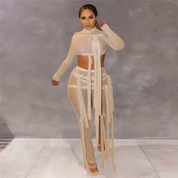 Ribbons Hipster Sheer Mesh Sexy Two Piece Set Women Turtleneck Crop Top+Pants Solid Street See Through Matching Outfit 211007