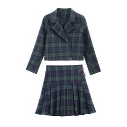 PERHAPS U Green Notch Collar Women Two Pieces Set Plaid Suit Button Mini Short Pleated Skirt Long Sleeve T0248 210529