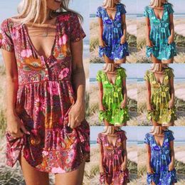 Woman Dress 2021 Summer European and American New Style Women's Printed V-neck Short-sleeved Pleated Dress Y1204