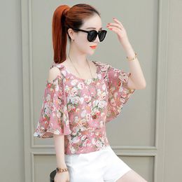 Off Shoulder Women Spring Summer Style Chiffon Blouses Shirts Lady Casual Short Sleeve Blusas Tops DF2851 210225