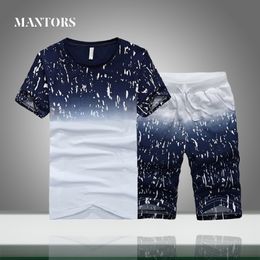Casual Men Tracksuit Sets Summer Solid Patchwork Slim Fit Mens Sportswear Jogger T-shirts+Shorts Two pieces Sport Suits Clothing 210714