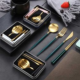 Removable 304 Stainless Steel Portable Cutlery Set Camping Tableware Chopsticks Spoon Folding Set 211108