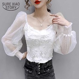 Early Autumn Fashion Sexy Mesh Stitching Waist Hugging Slimming Lantern Sleeve Square Collar Tops Chemisier Femme 11420 210528