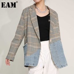 [EAM] Women Blue Plaid Denim Big Size Blazer New Lapel Long Sleeve Loose Fit Jacket Fashion Tide Spring Autumn 2021 1DD641005 X0721
