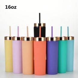 16oz Acrylic Skinny Tumblers Matte Colours Double Wall Tumbler Coffee Drinking Plastic Sippy Cup With Lid Straws YFA2966