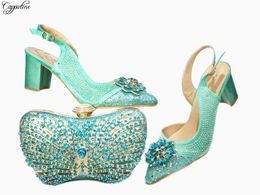 amazing purses Canada - Dress Shoes Amazing Water Green Pointed Toe Sandals With Bag Set Latest And Purse Crystal Stones GG120 Heel Height 6.5cm
