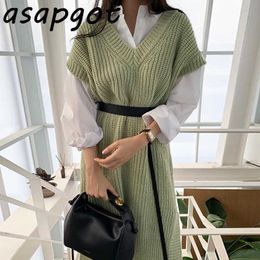 Chic Wild Turn Down Collar Blouse Loose White Shirts Long V Neck Sleeveless Sweater Vest Split Knitted Dress with Belt Casual 210610