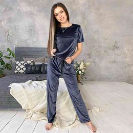 HiLoc Blue Velvet Sleepwear Winter Warm Home Suit Sets Female Pajamas Loose Pants Ribbon Knit Short Sleeve Two Piece Set Lounge 210809