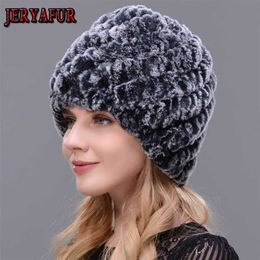 Winter hats for Russian women real rabbit fur knitted handmade Rex warm high quality 211228