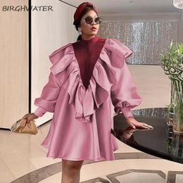 Casual Dresses Women Dress Pink Wine Red Patchwork Ruffle Long Sleeves Lovely Autumn Party Christmas Female Gowns 2021 Fashion Robe