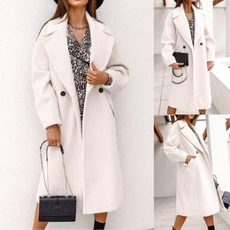 Women's Jackets Winter Women Woolen Coat Fashion Wool Jacket Lapel Double-line Buttons Warm Outwear Mid-long Korean Temperament #01