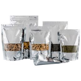 Silver Clear Stand Up Aluminium Foil Bags Resealable Heat Seal Plastic Window Bag, Food Storage Packing Pouch