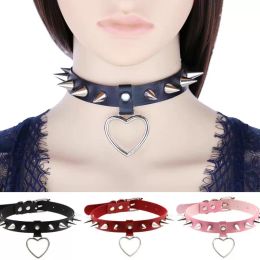 Spike Punk Black Leather Choker Necklace women goth Heart Lady Cool Collar Harajuku Cosplay Festival Jewellery Gift wholesale