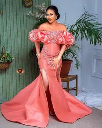 Plus Arabic 2022 Size Aso Ebi Water Melon Mermaid Prom Dresses Lace Beaded Satin Evening Formal Party Second Reception Gowns Dress