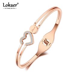 Lokaer Trendy Rhinestone Love Heart Cuff Bangles for Women Rose Gold Cubic Zirconia Titanium Stainless Steel Bracelets B4 Q0717