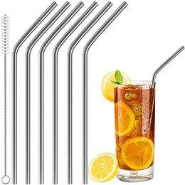 Stainless Steel Straw Straight and Bent Reusable Drinking Straws with Cleaning Brush for Kitchen Bar Opp Bag Package