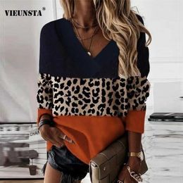 Elegant Leopard Print Patchwork Women Hoodie Autumn V Neck Long Sleeve Top Sweatshirt Winter Elegant Office Lady Pullover Jumper 211206