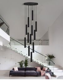 Duplex villa living room staircase chandelier led warm light black long tube chandelier mall hotel lobby Chandelier