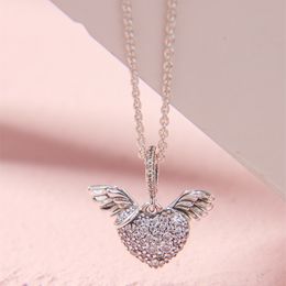 Christmas Gift Pave Heart Angel Wings Necklace 925 Sterling Silver Jewellery chain Pendant Necklaces For Woman silver 925 Jewellery Q0531