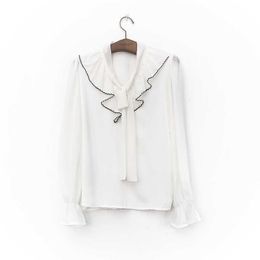 PERHAPS U Women White Black Bow Solid Chiffon Top Shirt Long Sleeve Office Lady Work OL Ruffle B0680 210529