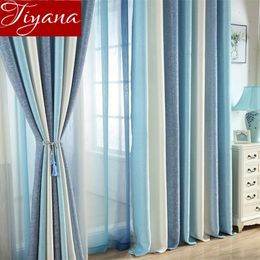 Blue Curtain Living Solid Striped Curtain Bedroom Sheer Curtains Fabric Beige Linen Shade Treatment T&109#30 Y200421