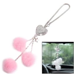 Interior Decorations Car Blingbling Pendant Rearview Mirror Accessories For Women Shining Charm Decor Soft Plush Pink White Ball Wall Hangin