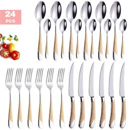 24pcs Dinnerware Set Cutlery 18/10 Stainless Steel Silverware Dinner Knife Fork Spoon Dishwasher Safe Drop 210928