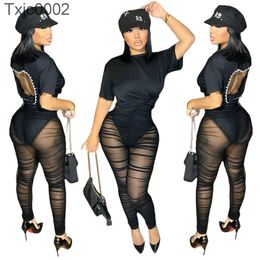 2022 New Sexy Women Two Piece Pant Set Backless Mesh jumpsuit Stitching Short Sleeve And Trousers Ladies Suit