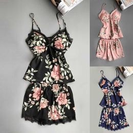 Nightdress Summer Sexy Pyjamas Ladies Silk Vest Shorts Two-piece Print Nightgowns Loose Casual Satin Home Service Pyjamas Q0706