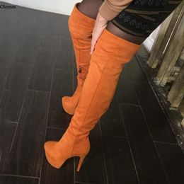 Rontic 2020 Handmade Women Platform Over The Knee Flock Boots Sexy Stiletto Heels Round Toe 5 Colours Party Shoes US Size 5-15