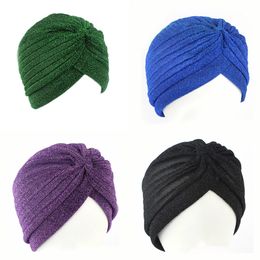 Fashion Gorgeous Gold Turban Cap Knitted Plain Shiny Shimmering Glitter Sparkly Indian Hats Muslim Hijab For Men Women