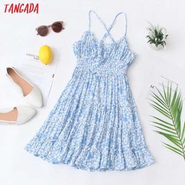 Tangada Fashion Women Blue Flowers Print Beach Dress Sleeveless Backless Zipper Female Casual Sundress QW101 210609