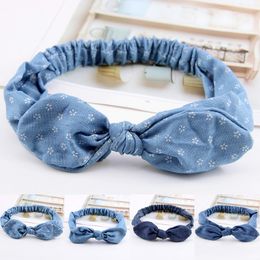 Women Girl Denim Bow Small Flower Rabbit Ears Knotted Headbands Elastic Hair Bands Solid Color Woman Hair Accessories
