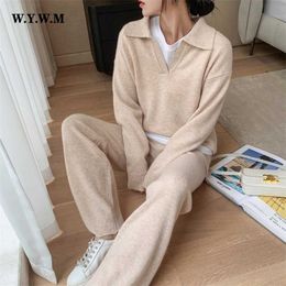 WYWM Chic Soft Knitted Sweater Pants Suits Women Autumn Winter Casual Fashion Ladies Sets 2 Pieces V-neck Loose Female Tops 211116