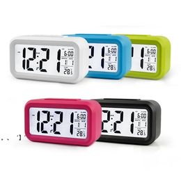 NEWPlastic Mute Alarm Clock LCD Smart Clock Temperature Cute Photosensitive Bedside Digital Alarm Clock Snooze Nightlight Calendar LLF11363