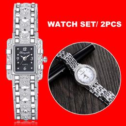 Wristwatches Ladies Women Watch Set Royal Fashion Square Dial Silver Stainless Steel Quartz Bracelet Rhinestone Double Watches Mujer Relojes