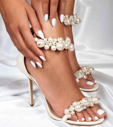 Элегантное летнее мэзель жемчужное украшенные сандалии обувь лодыжки ремешка леди высокие каблуки женские роскошные бренда платья свадьба EU35-43