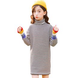 Cardigan For Girls Rainbow Long Sweater Girl Patchwork Turtleneck Dress Kids Autumn Winter Clothing 6 8 10 12 14 210528