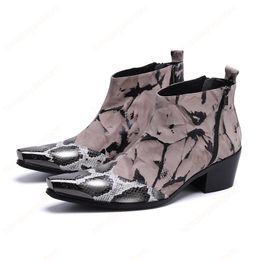 Winter Fashion Shoes Snake Skin Men Ankle Boots Increase Height Party Dress Boots Zipper Cowboy Short Boots Botas
