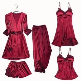 Women's Sleepwear 2021 Satin Lace Pyjamas Sets Womens Strap Top Pants Suit Spring Autumn Home Wear Nightwear Bath Gown M-XL