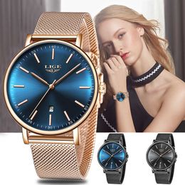 LIGE Women Watches Top Brand Luxury Ladies Mesh Belt Ultra-thin Stainless Steel Waterproof Clock Quartz Reloj Mujer 210616