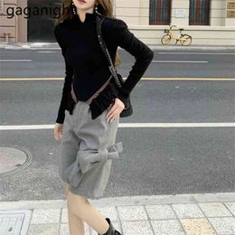 Women Two Piece Sets Spring Knited Long Sleeve Sweaters Tops Bow Tie High Waist Shorts Set Casual Fashion Outfits 210601